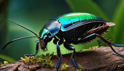 Cricket-cockroach hybrid, insectoid, antennae, compound eyes, shiny black carapace, spiked legs, razor-sharp mandibles, iridescent wings, metallic blue-green body, detailed textures, micro-level detai