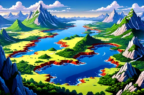 skylands,mountain world,mountain plateau,paisaje,mountain lake,mountainlake,mountain valleys,mushroom island,alpine lake,watersheds,acid lake,cartoon video game background,mountains,forest lake,microworlds,an island far away landscape,floating islands,mountain valley,elves country,mountainous landscape,Illustration,American Style,American Style 13