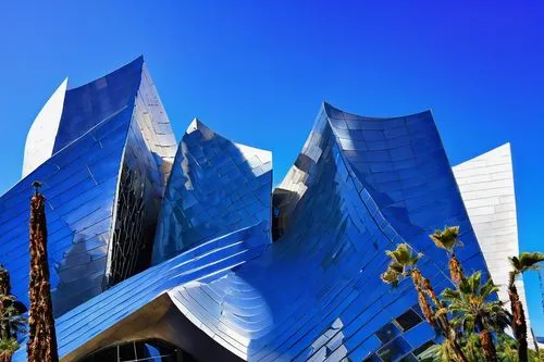 Postmodernist building, colorful, eclectic, playful, irregular shape, fragmented forms, multiple arches, columns, ornate details, mirrors, glass, steel, concrete, bold colors, clashing patterns, Walt 