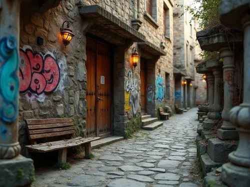 Weathered stone walls, rugged brick facades, distressed wood planks, rusty metal accents, rough-hewn concrete columns, organic moss growth, vibrant graffiti murals, faded signage, worn wooden benches,