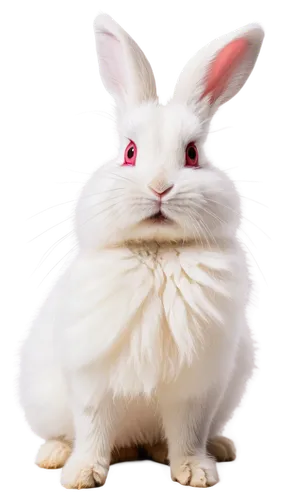 Fluffy white rabbit, cute facial expression, pink nose, bright eyes, soft fur, twitching whiskers, sitting on hind legs, front paws together, adorable pose, natural light, shallow depth of field, warm