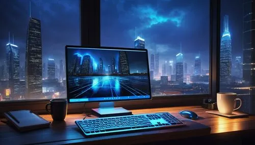 computer workstation,blur office background,computer graphic,computer graphics,computer monitor,windows wallpaper,cyberport,computer screen,computer room,deskpro,computer art,cyberscene,computerization,computable,pc tower,the computer screen,computerized,modern office,cyberpunk,computerisation,Illustration,Realistic Fantasy,Realistic Fantasy 18