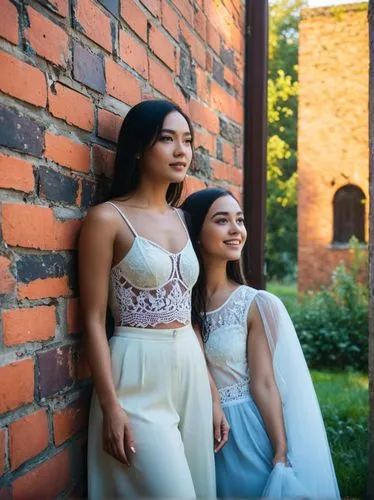 Girls in front of a beautiful wall,two beautiful women wearing dresses leaning against a brick wall,quinceaneras,quinceanera,debutantes,brides,reinas,wedding dresses,Photography,Documentary Photograph