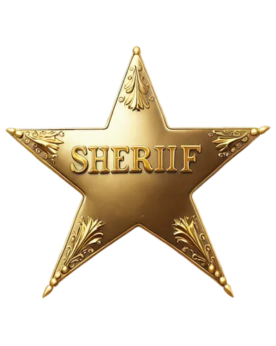 Cartoon sheriff badge, golden metal, shiny surface, star-shaped center, bold font, "SHERIFF" text, curved edges, worn-out details, rusty tone, old west style, close-up shot, soft focus, warm lighting,