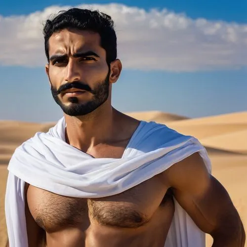 Middle Eastern, hairy Arab man, muscular build, strong jawline, thick eyebrows, short beard, mustache, messy black hair, white dishdasha, traditional clothing, golden accessories, intense gaze, standi