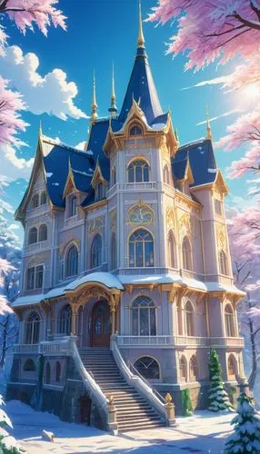 fairy tale castle,fairytale castle,dreamhouse,snow house,beautiful home,winter house,fairy tale,beautiful buildings,castlelike,rouran,victorian house,gold castle,fairytale,fairy tail,nouaimi,sylvania,maplestory,precure,country house,a fairy tale,Illustration,Japanese style,Japanese Style 03