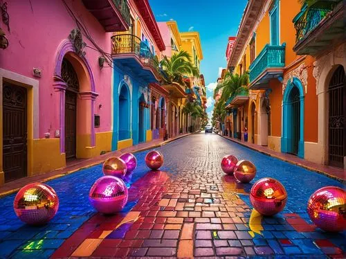 Colonial-style architecture, Dominican Republic, colorful buildings, ornate balconies, intricate stone carvings, red-tiled roofs, vibrant street art, tropical plants, palm trees, bright blue sky, warm