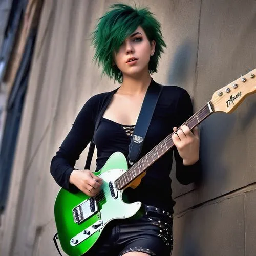 A 20-ish girl with a thick thighs, round face, short messy hair, and sexy stretch pants, holding a telecaster guitar and strumming like a rock star, her green eyes looking up with a sultry expression.