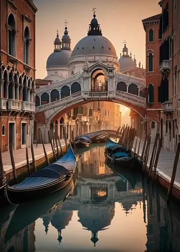 Venetian style architecture, grand canal, Baroque, ornate stone carvings, intricate balconies, Gothic arches, Byzantine domes, ornate bridges, water reflections, sunset warm light, misty atmosphere, d