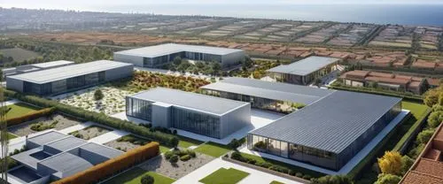 barrio de viviendas de media densidad y casas alrededor
,aerial view of a group of buildings on grass and trees,technion,mipim,famagusta,europan,ecovillages,new housing development,Photography,General