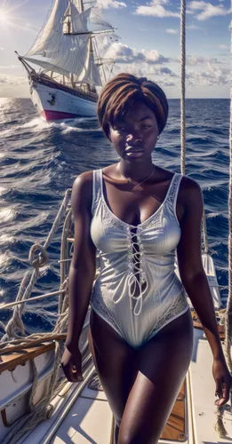 girl on the boat,the sea maid,delta sailor,seafaring,brown sailor,at sea,on a yacht,windjammer,nautical star,sailing,sails,sloop,boat operator,nautical,full-rigged ship,east indiaman,digital compositing,sail,the caribbean,moana