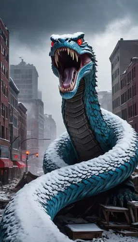 A captivating cinematic photo of a colossal snow frost snake monster wreaking havoc on a city. The creature is larger than life, with icy blue scales, piercing red eyes, and powerful muscles. It slith