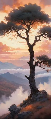 dragon tree,lone tree,lonetree,yggdrasil,isolated tree,watercolor tree,watercolor pine tree,tree of life,pine tree,fantasy landscape,the japanese tree,world digital painting,celtic tree,digital painting,oak tree,bristlecone,mountain sunrise,baobabs,bare tree,landscape background,Illustration,Paper based,Paper Based 20