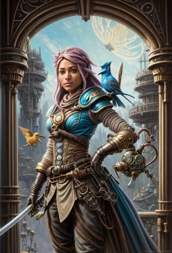 sterntaler,heroic fantasy,fantasy portrait,prejmer,falconer,blue enchantress,fantasy picture,fantasy art,female warrior,kestrel,paladin,game illustration,libra,collectible card game,massively multipla