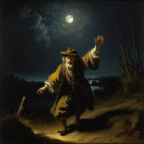 the pied piper of hamelin,danse macabre,pilgrim,immerwurzel,itinerant musician,fiddler,pied piper,town crier,pilgrims,night scene,the night of kupala,moon walk,celebration of witches,the wanderer,lamplighter,dance of death,guy fawkes,pirate,elderly man,pandero jarocho,Art,Classical Oil Painting,Classical Oil Painting 06