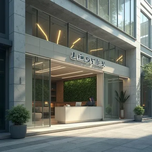 Modern dental clinic, futuristic facade, geometric shapes, LED lights, glass walls, steel beams, minimalist entrance, sliding doors, sleek reception desk, greenery wall, natural light, urban cityscape