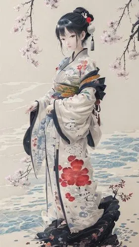 a painting of a woman in a kimono, artwork in the style of guweiz, highly detailed character design, well - detailed outfit, a painting of white silver, humanoid flora, rennaissance style painting, re