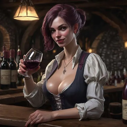 barmaid,winemaker,bartender,wine tavern,wine,pub,tavern,a glass of wine,la violetta,wine tasting,port wine,viticulture,wine bar,glass of wine,burgundy wine,game illustration,wine cocktail,unique bar,wine house,brandy shop,Conceptual Art,Fantasy,Fantasy 01