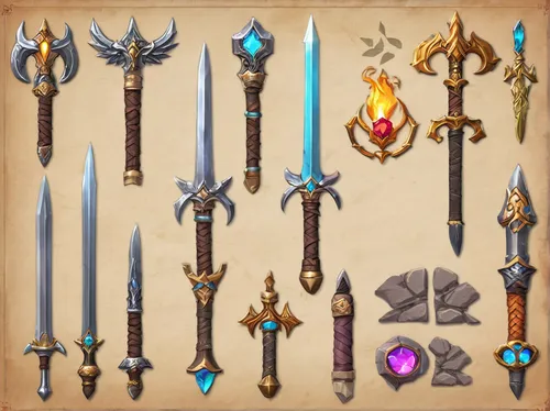 collected game assets,set of icons,weapons,icon set,decorative arrows,swords,tribal arrows,trinkets,crown icons,quiver,dane axe,ranged weapon,torches,items,fairy tale icons,hand draw vector arrows,inward arrows,assortment,scrolls,runes,Illustration,Japanese style,Japanese Style 02