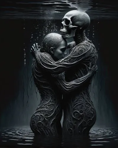 dark art,scull,vespertine,mourners,mother kiss,skull rowing,stillborn,mirror of souls,whisperers,memento mori,sopor,submersed,giger,souls,drowning,deepness,lover's grief,submersion,mouring,darkwave,Illustration,Realistic Fantasy,Realistic Fantasy 18