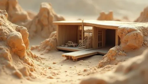 miniature house,3d render,diorama,desert,small house,viminacium,cinema 4d,voxel,the desert,sandbox,capture desert,3d rendered,construction set,wooden hut,sand colored,model house,3d rendering,render,dunes house,wooden construction,Photography,General,Realistic