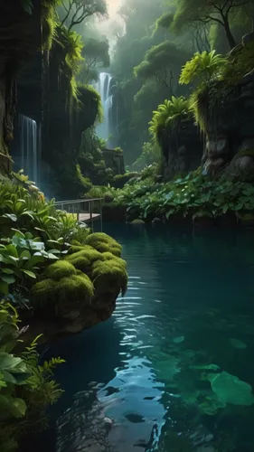 The water and nature is moving naturally,a river in the middle of some lush green trees,fantasy landscape,green waterfall,underwater oasis,fantasy picture,shaoming,cartoon video game background