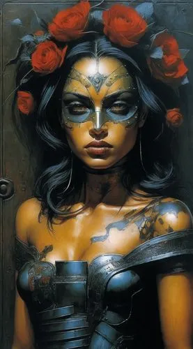 inanna,viveros,planescape,chicana,promethea,warrior woman,polynesian girl,yavana,baoshun,fantasy woman,mahishasura,vodun,klarwein,tretchikoff,demona,widow flower,barda,female warrior,amazona,hathor,Illustration,Realistic Fantasy,Realistic Fantasy 06