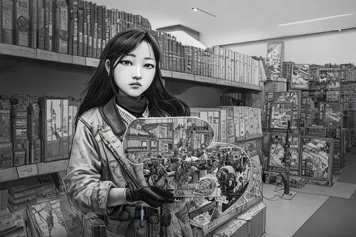 korean history,pencil art,namdaemun market,korean culture,korean drama,woman shopping,bookstore,samcheok times editor,art gallery,salesgirl,book store,camera drawing,world digital painting,girl in a h