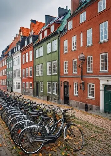 Danish architecture, Nordic modern style, symmetrical buildings, red brick facade, green roof, solar panels, white windows, minimalist design, urban planning, Copenhagen cityscape, Nyhavn harbor, cana