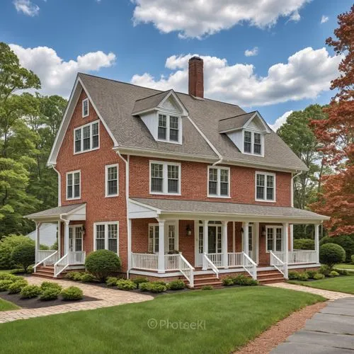 the front of the large red brick house,new england style house,house purchase,solebury,oradell,two story house,sherborn,Photography,General,Realistic