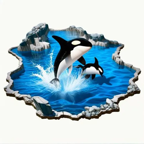 高清3d不规则，
,two orca's jumping out of a body of water,orcas,tilikum,dolphin background,dolphins in water,orca,oceanic dolphins