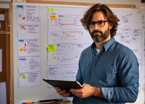 Modern architect, middle-aged man, glasses, messy brown hair, casual clothing, holding a tablet, standing in front of a large whiteboard, markers scattered around, diagrams and notes on the board, off