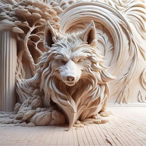 wood carving,wood art,woodcarving,paper art,sand fox,carved wood,3d art,fenrir,sand art,made of wood,lionhead,hand carved,stone lion,carved,woodcarver,howling wolf,samoyedic,sand sculpture,sand sculptures,kitsune