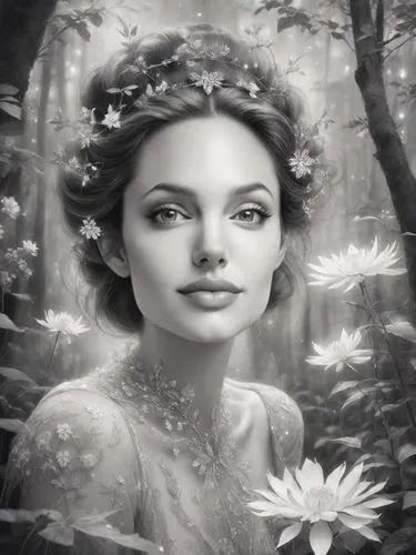 dryad,faerie,faery,fantasy portrait,romantic portrait,beautiful girl with flowers,girl in flowers,fairy queen,fantasy picture,the enchantress,fantasy art,mystical portrait of a girl,flower fairy,world digital painting,enchanting,secret garden of venus,flower girl,scent of jasmine,daisy flowers,jasmine blossom