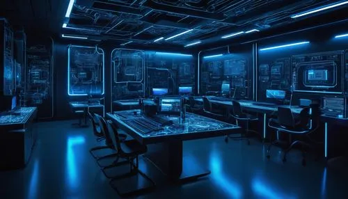 Complex futuristic laboratory interior, sleek modern design, glass tables, steel chairs, futuristic computers, intricate circuit boards, holographic displays, virtual reality headsets, neon-lit blue l