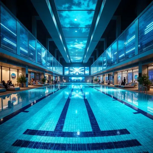 Futuristic swimming pool, neon-lit nightscene, iridescent tiles, holographic water effects, sleek metal railings, transparent acrylic walls, luminescent lane dividers, radiant LED lights, electric blu