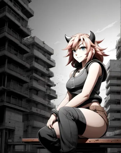 toga,mutsuki,susie,dusk background,giantess,sitting on a chair