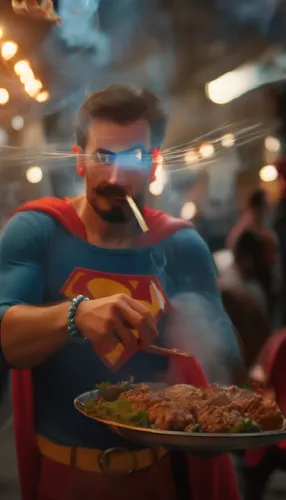 mustached superman, cutting doner kebabs with red lasers coming out of his eyes, on an authentic street, with a blue rosary on his wrist, a cigarette in his mouth,the man dressed as superman is holdin