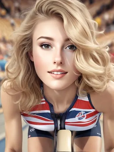 Beautiful blonde lady riding in Olympic velodrome cycling for GB. Smiling. Photorealistic.,a woman's white wig with blonde hair in the background,fabray,brit,perrie,britanny,swiftlet,cheerleader,brita