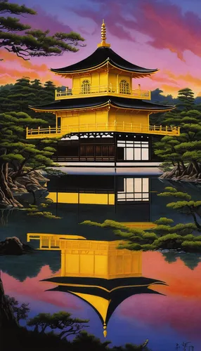 golden pavilion,the golden pavilion,asian architecture,japanese architecture,house with lake,kinkaku-ji,mandarin house,buddhist temple,oriental painting,japan landscape,hall of supreme harmony,water palace,house by the water,forbidden palace,boat house,houseboat,chinese architecture,pagoda,boathouse,ginkaku-ji,Illustration,Realistic Fantasy,Realistic Fantasy 32