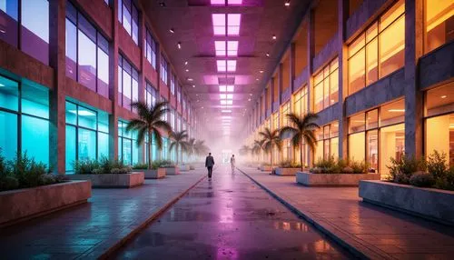 vapor,noncorporate,hypermodern,atmospheres,colorful light,doha,cybercity,colored lights,walkway,dubai,miami,dusk,ultraviolet,futuristic,futuristic landscape,lights,urban,pedestrian,light space,light effects