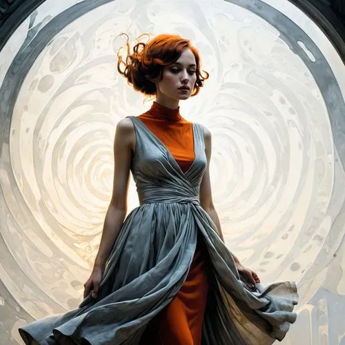 transistor,anchoress,art deco woman,girl in a long dress,romanoff,a floor-length dress,sigyn,triss,chastain,ceremonials,orange robes,art deco background,spiral background,stargates,megara,macniven,orior,melisandre,hypatia,abnegation,Illustration,Realistic Fantasy,Realistic Fantasy 29