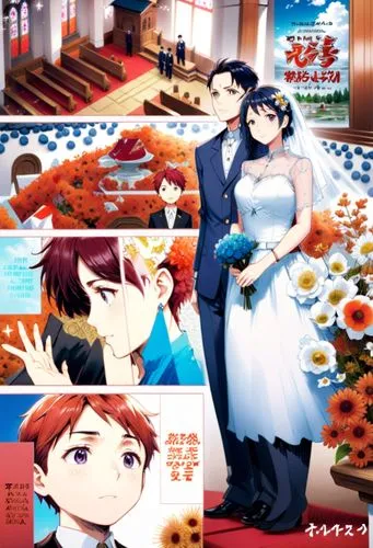 Manga page in english, make it colorful, its a japanese wedding, bride groom and a small boy, in a church, ring wearing ,an image of a couple posing for pictures in wedding attire,shinran,wedding cere