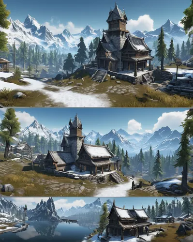 northrend,mountain settlement,alpine village,backgrounds,skyrim,color is changable in ps,development concept,4 seasons,winter village,winter background,backgrounds texture,witcher,snowy peaks,seasons,knight village,escher village,comparison,mountain village,landscape background,peter-pavel's fortress,Unique,Design,Sticker