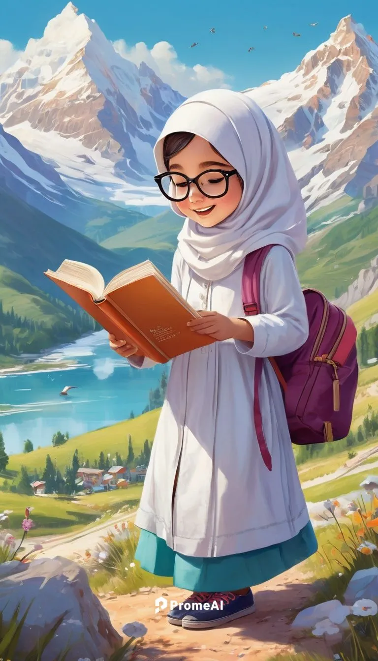 A  white face girl with  hijab and glasses - reading a book - a bag under her shoulder,librarian,scholastic,girl studying,little girl reading,scholar,bellwether,storybook character,schoolmarm,schoolte