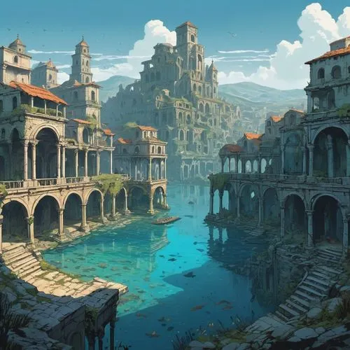 ancient city,fantasy landscape,avernum,seregil,philippopolis,ancient buildings,atlantis,imperial shores,novigrad,citadels,scythopolis,ruins,underwater oasis,atlantica,fantasy city,water palace,the ruins of the,waterhouses,city moat,underwater landscape,Illustration,Realistic Fantasy,Realistic Fantasy 12