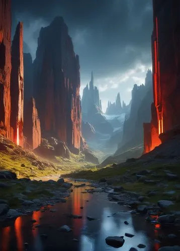 fantasy landscape,futuristic landscape,canyon,volcanic landscape,world digital painting,fallen giants valley,desert landscape,valley of death,guards of the canyon,valley,virtual landscape,barren,red cliff,volcanic field,valley of desolation,scorched earth,chasm,karst landscape,desert desert landscape,alien world