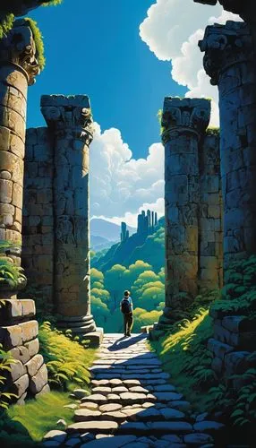 skylands,castle ruins,cartoon video game background,ruined castle,game illustration,nargothrond,background with stones,ruins,world digital painting,fantasy landscape,townsmen,backgrounds,wander,kaitos,threshhold,ancient city,knight's castle,anwander,stone gate,the mystical path,Illustration,Vector,Vector 09