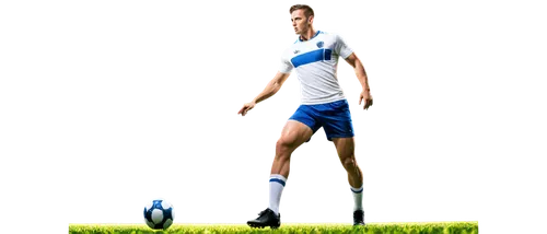 Football player, muscular man, athletic build, dynamic pose, white jersey, blue shorts, soccer ball at foot, green grassy field background, dramatic spotlight, low-angle shot, cinematic composition, h