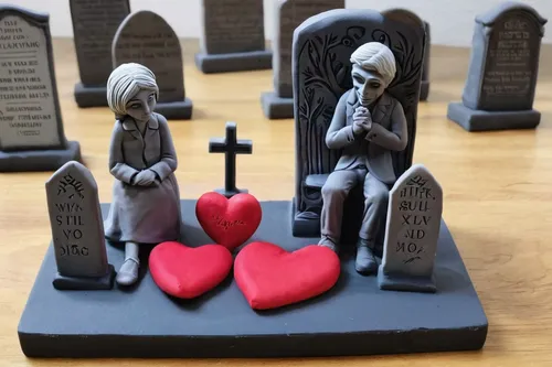 Imagine a love story that unfolds in a beautiful graveyard, with two gravestones serving as eternal witnesses.,grave arrangement,gravestones,marzipan figures,children's grave,grave stones,grave jewelr